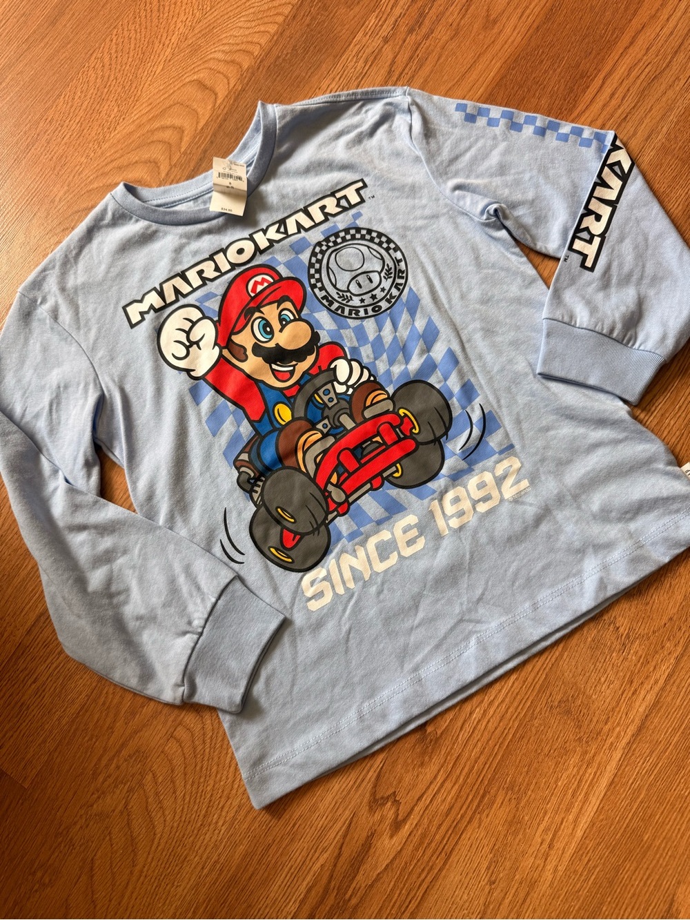 Gap Light Blue Mario Kart Long-Sleeve Tee with Red & Black Graphic